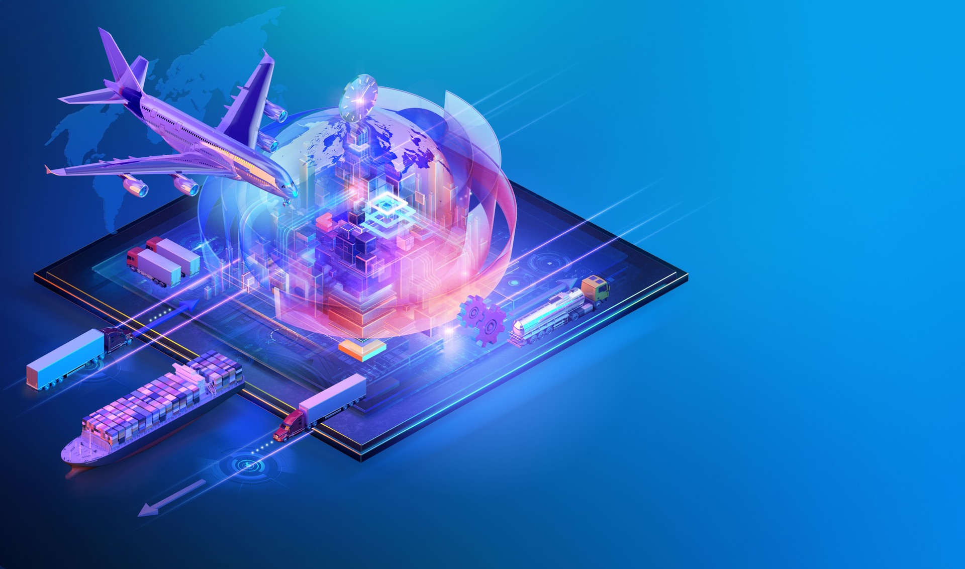 Global logistics network, 3D illustration. Digital transportation system with airplane, ship, trucks, and futuristic city.